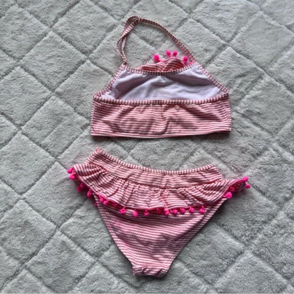 Betsey Johnson | Pink And Cream Seersucker Pompom Trimmed Bikini Set | Size 12 - Picture 3 of 7